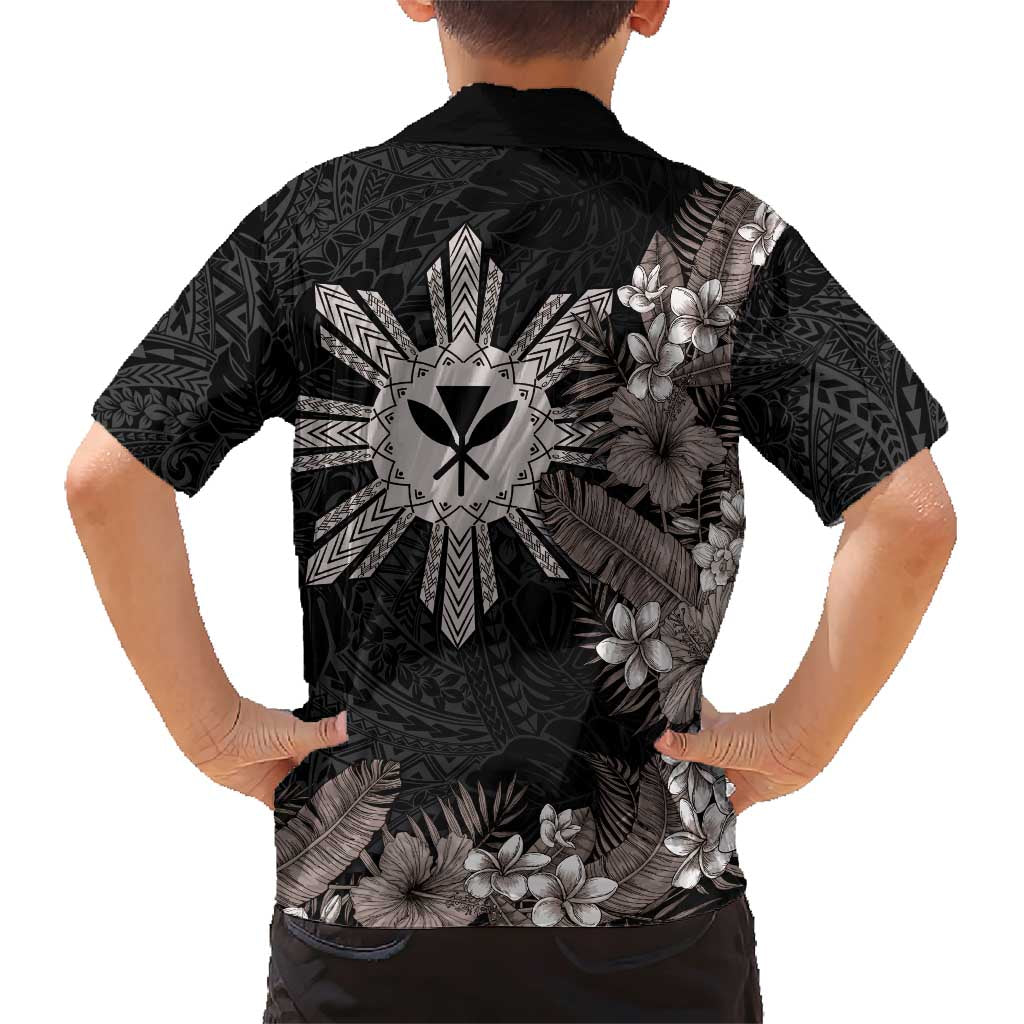 Tropical Hawaii and Philippines Family Matching Short Sleeve Bodycon Dress and Hawaiian Shirt Kanaka Maoli and Sun Badge Batok Tattoo Grayscale