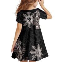 Tropical Hawaii and Philippines Kid Short Sleeve Dress Kanaka Maoli and Sun Badge Batok Tattoo Grayscale