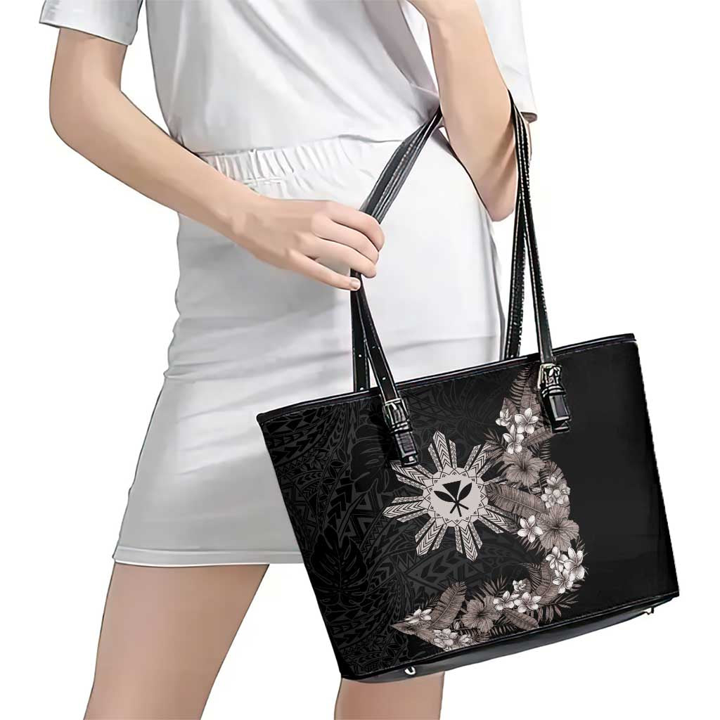 Tropical Hawaii and Philippines Leather Tote Bag Kanaka Maoli and Sun Badge Batok Tattoo Grayscale