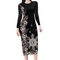 Tropical Hawaii and Philippines Long Sleeve Bodycon Dress Kanaka Maoli and Sun Badge Batok Tattoo Grayscale