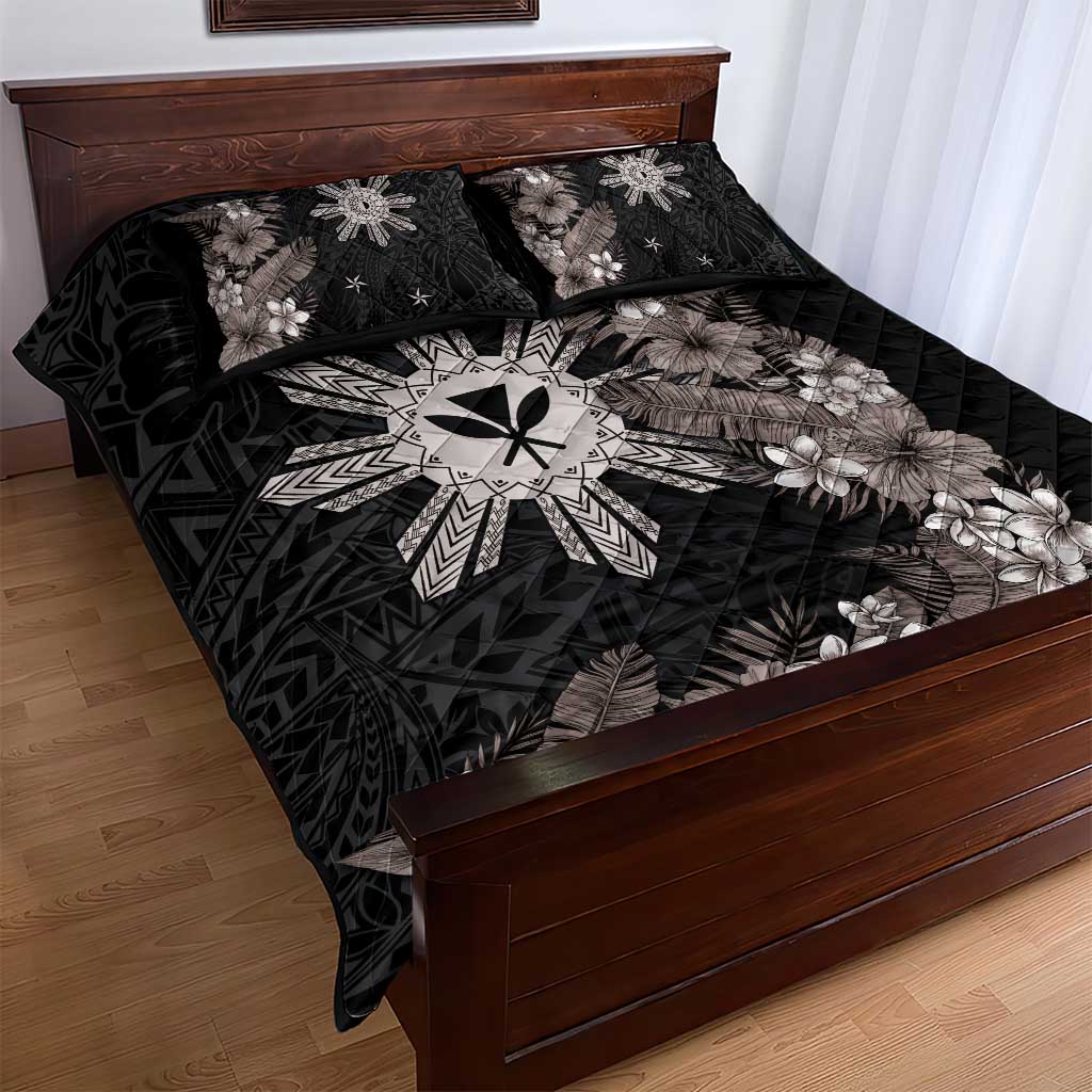 Tropical Hawaii and Philippines Quilt Bed Set Kanaka Maoli and Sun Badge Batok Tattoo Grayscale