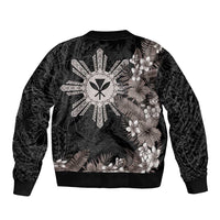 Tropical Hawaii and Philippines Sleeve Zip Bomber Jacket Kanaka Maoli and Sun Badge Batok Tattoo Grayscale