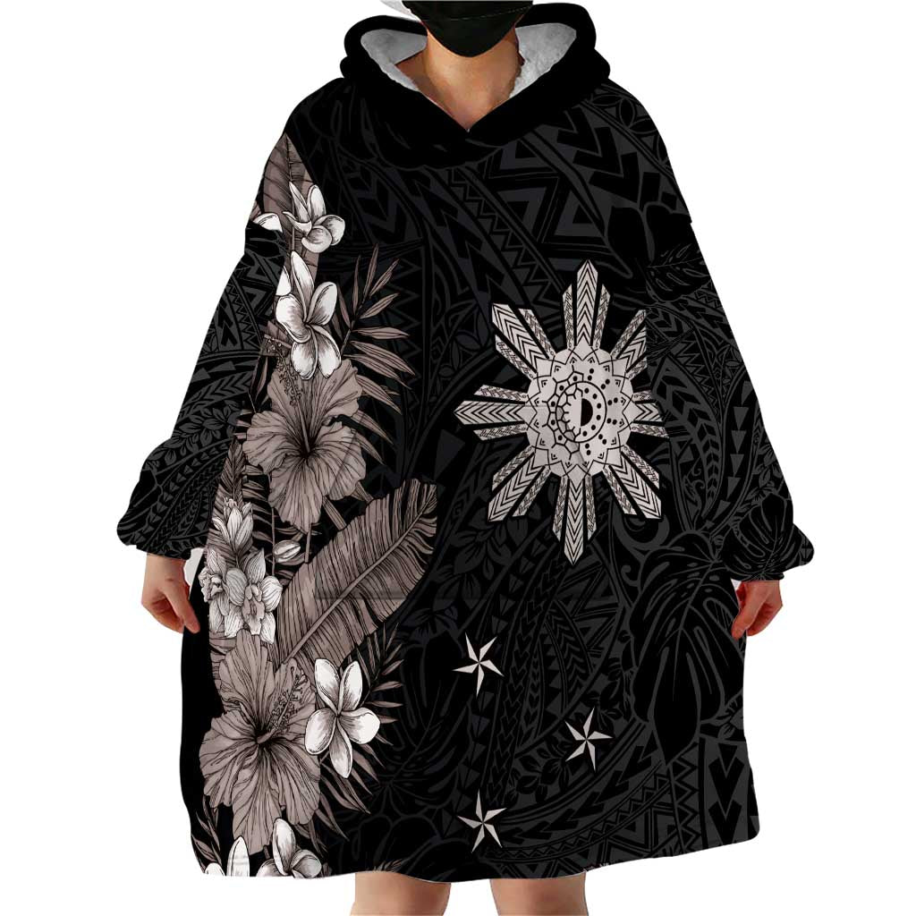 Tropical Hawaii and Philippines Wearable Blanket Hoodie Kanaka Maoli and Sun Badge Batok Tattoo Grayscale