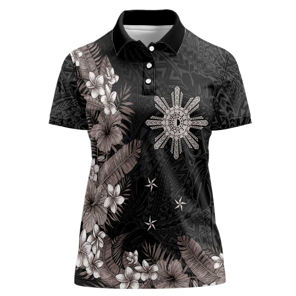 Tropical Hawaii and Philippines Women Polo Shirt Kanaka Maoli and Sun Badge Batok Tattoo Grayscale