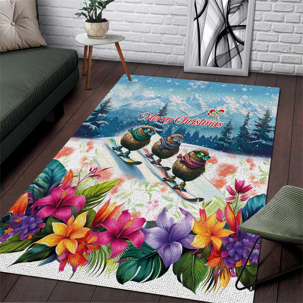 New Zealand Merry Christmas Area Rug Kiwi Birds Snow Boarding-Vibrant Tropical Flower LT03 White - Polynesian Pride