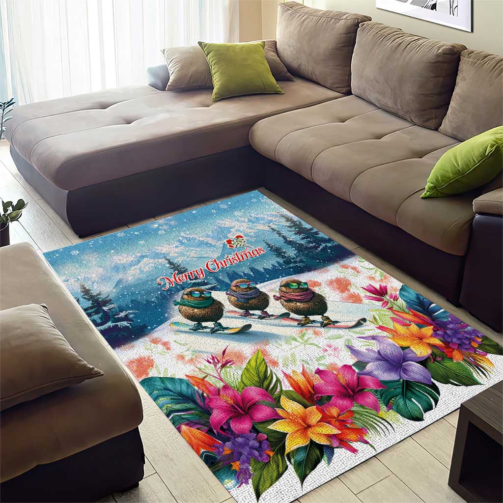 New Zealand Merry Christmas Area Rug Kiwi Birds Snow Boarding-Vibrant Tropical Flower LT03 - Polynesian Pride