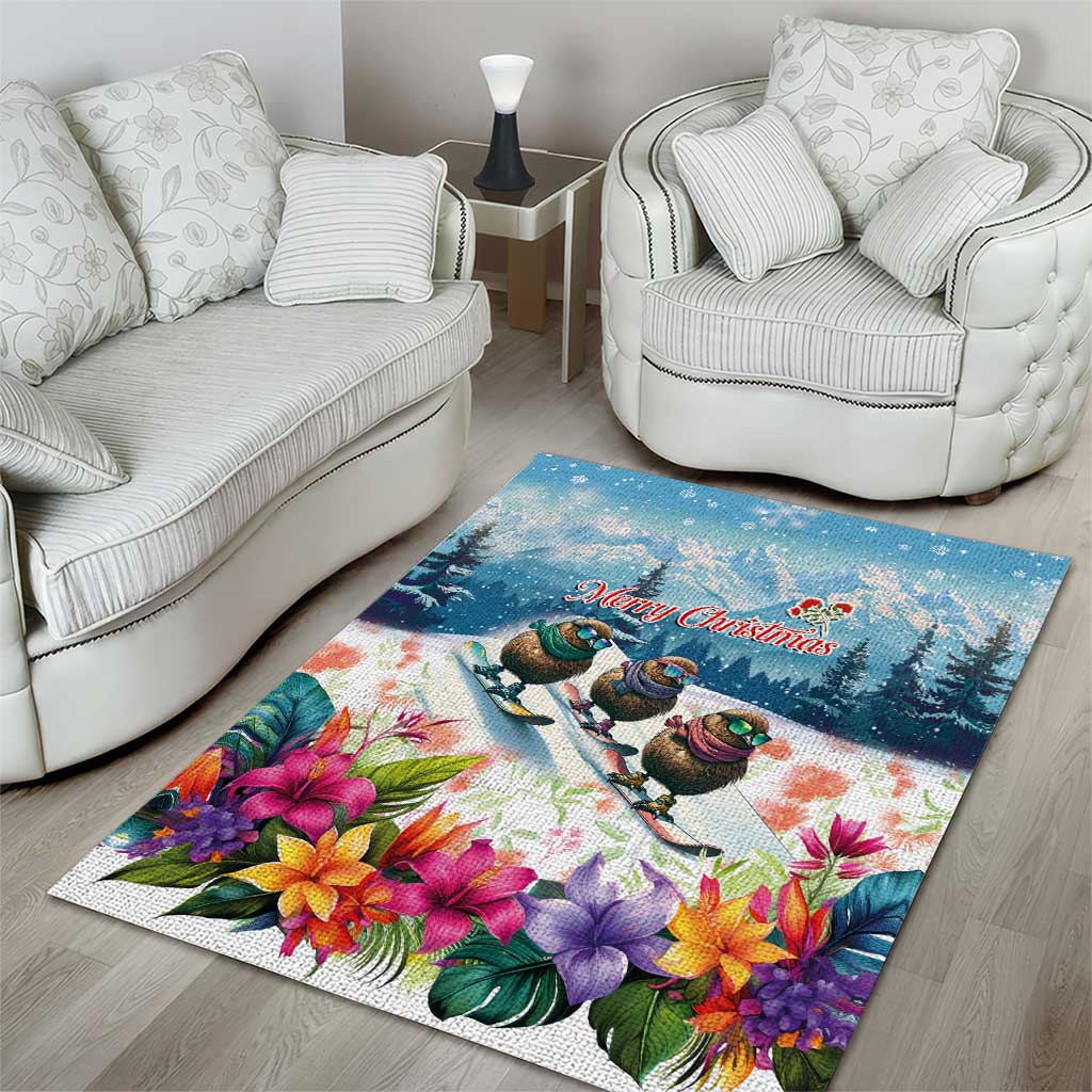 New Zealand Merry Christmas Area Rug Kiwi Birds Snow Boarding-Vibrant Tropical Flower LT03 - Polynesian Pride