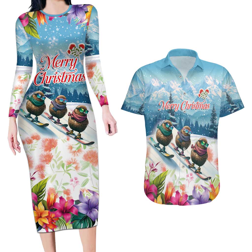 New Zealand Merry Christmas Couples Matching Long Sleeve Bodycon Dress and Hawaiian Shirt Kiwi Birds Snow Boarding-Vibrant Tropical Flower - Polynesian Pride