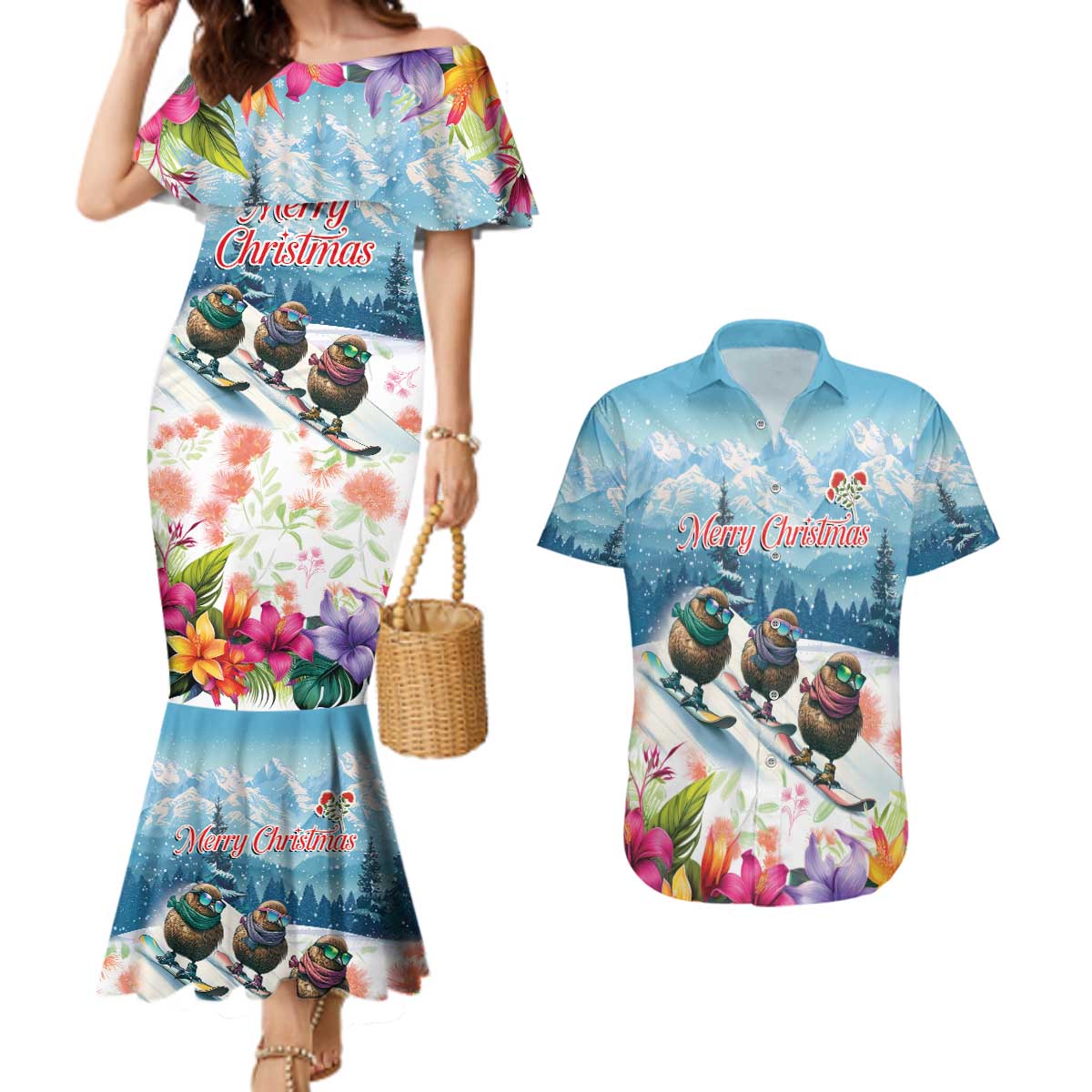 New Zealand Merry Christmas Couples Matching Mermaid Dress and Hawaiian Shirt Kiwi Birds Snow Boarding-Vibrant Tropical Flower LT03 White - Polynesian Pride
