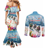 New Zealand Merry Christmas Couples Matching Mermaid Dress and Long Sleeve Button Shirt Kiwi Birds Snow Boarding-Vibrant Tropical Flower LT03 - Polynesian Pride