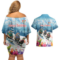 New Zealand Merry Christmas Couples Matching Off Shoulder Short Dress and Hawaiian Shirt Kiwi Birds Snow Boarding-Vibrant Tropical Flower LT03 - Polynesian Pride