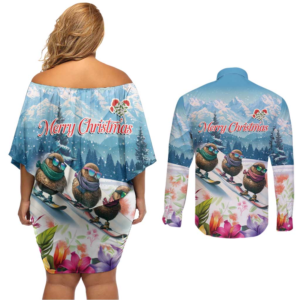 New Zealand Merry Christmas Couples Matching Off Shoulder Short Dress and Long Sleeve Button Shirt Kiwi Birds Snow Boarding-Vibrant Tropical Flower LT03 - Polynesian Pride
