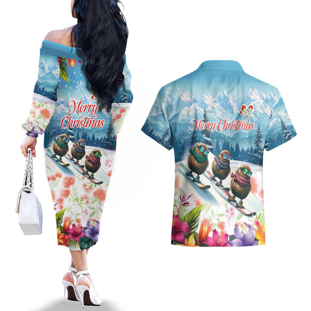 New Zealand Merry Christmas Couples Matching Off The Shoulder Long Sleeve Dress and Hawaiian Shirt Kiwi Birds Snow Boarding-Vibrant Tropical Flower - Polynesian Pride