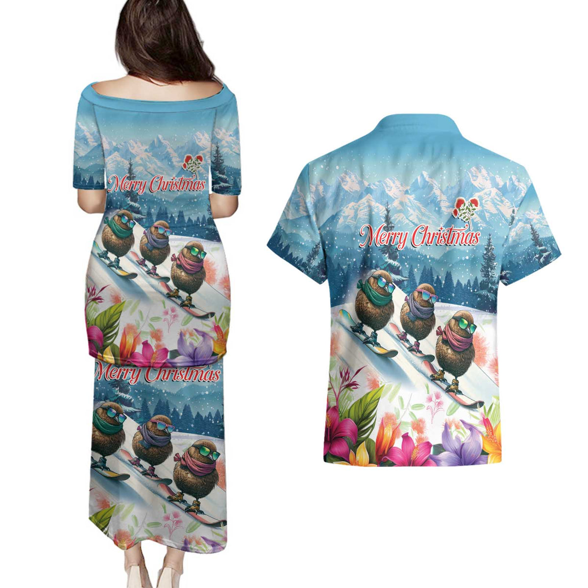 New Zealand Merry Christmas Couples Matching Puletasi and Hawaiian Shirt Kiwi Birds Snow Boarding-Vibrant Tropical Flower LT03 - Polynesian Pride