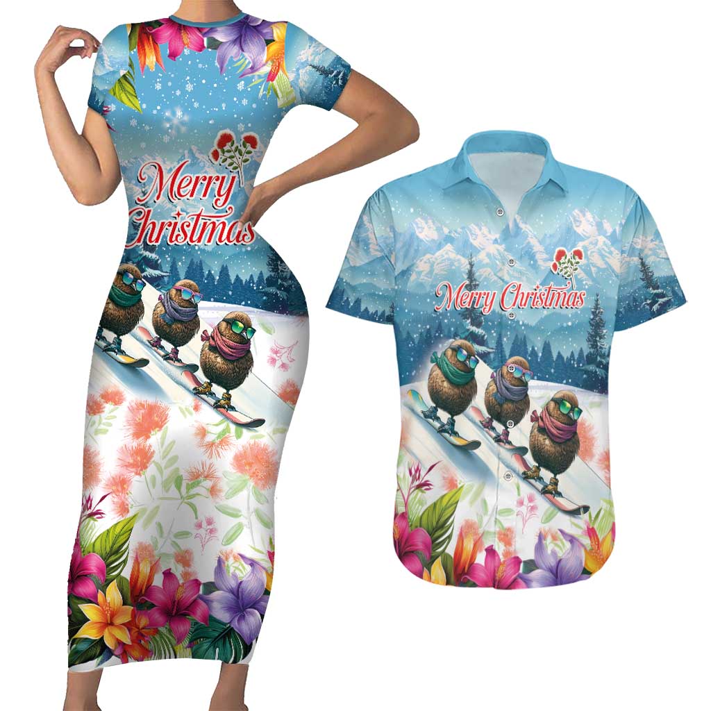 New Zealand Merry Christmas Couples Matching Short Sleeve Bodycon Dress and Hawaiian Shirt Kiwi Birds Snow Boarding-Vibrant Tropical Flower LT03 White - Polynesian Pride