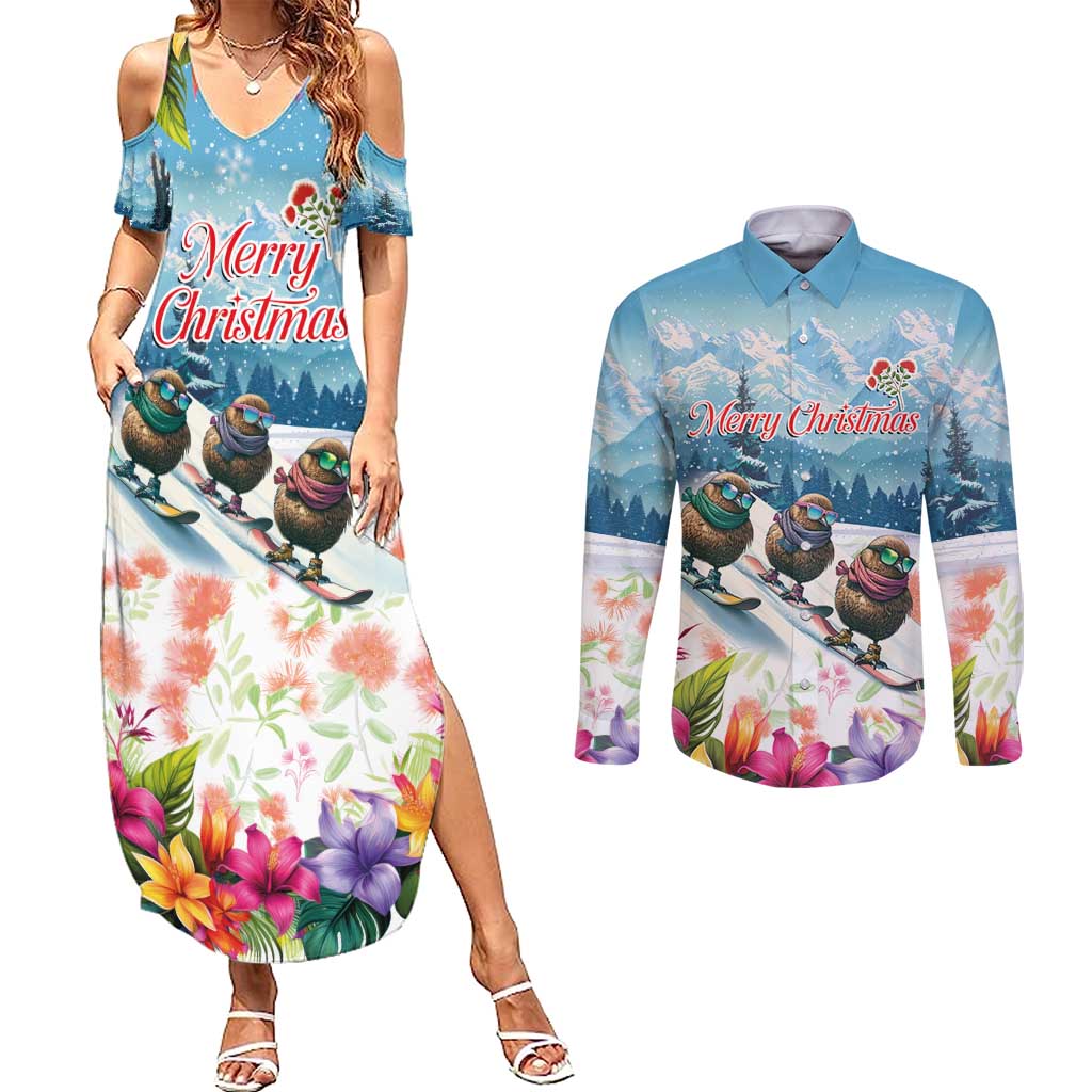 New Zealand Merry Christmas Couples Matching Summer Maxi Dress and Long Sleeve Button Shirt Kiwi Birds Snow Boarding-Vibrant Tropical Flower LT03 White - Polynesian Pride