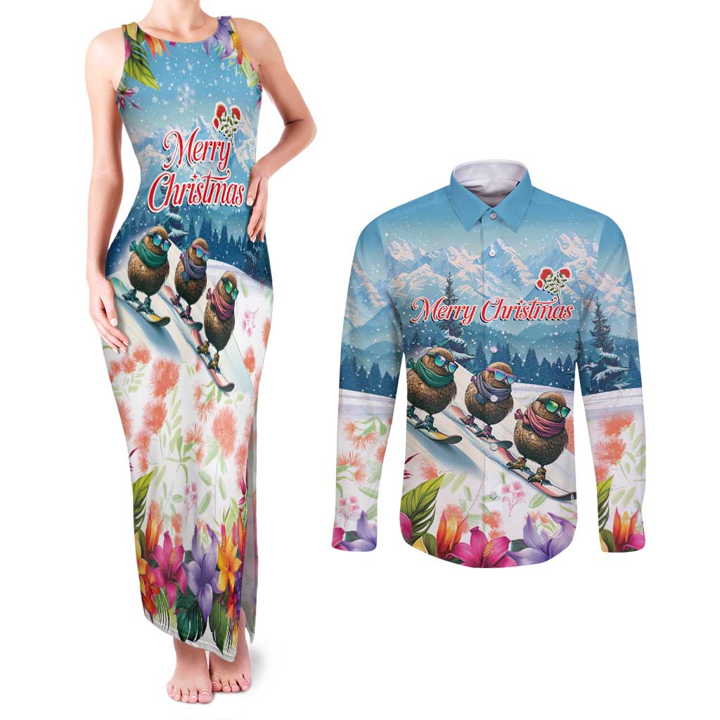 New Zealand Merry Christmas Couples Matching Tank Maxi Dress and Long Sleeve Button Shirt Kiwi Birds Snow Boarding-Vibrant Tropical Flower LT03 White - Polynesian Pride