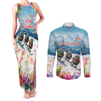 New Zealand Merry Christmas Couples Matching Tank Maxi Dress and Long Sleeve Button Shirt Kiwi Birds Snow Boarding-Vibrant Tropical Flower LT03 White - Polynesian Pride