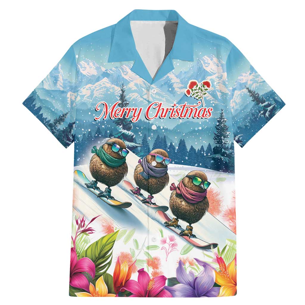 New Zealand Merry Christmas Family Matching Mermaid Dress and Hawaiian Shirt Kiwi Birds Snow Boarding-Vibrant Tropical Flower LT03 Dad's Shirt - Short Sleeve White - Polynesian Pride