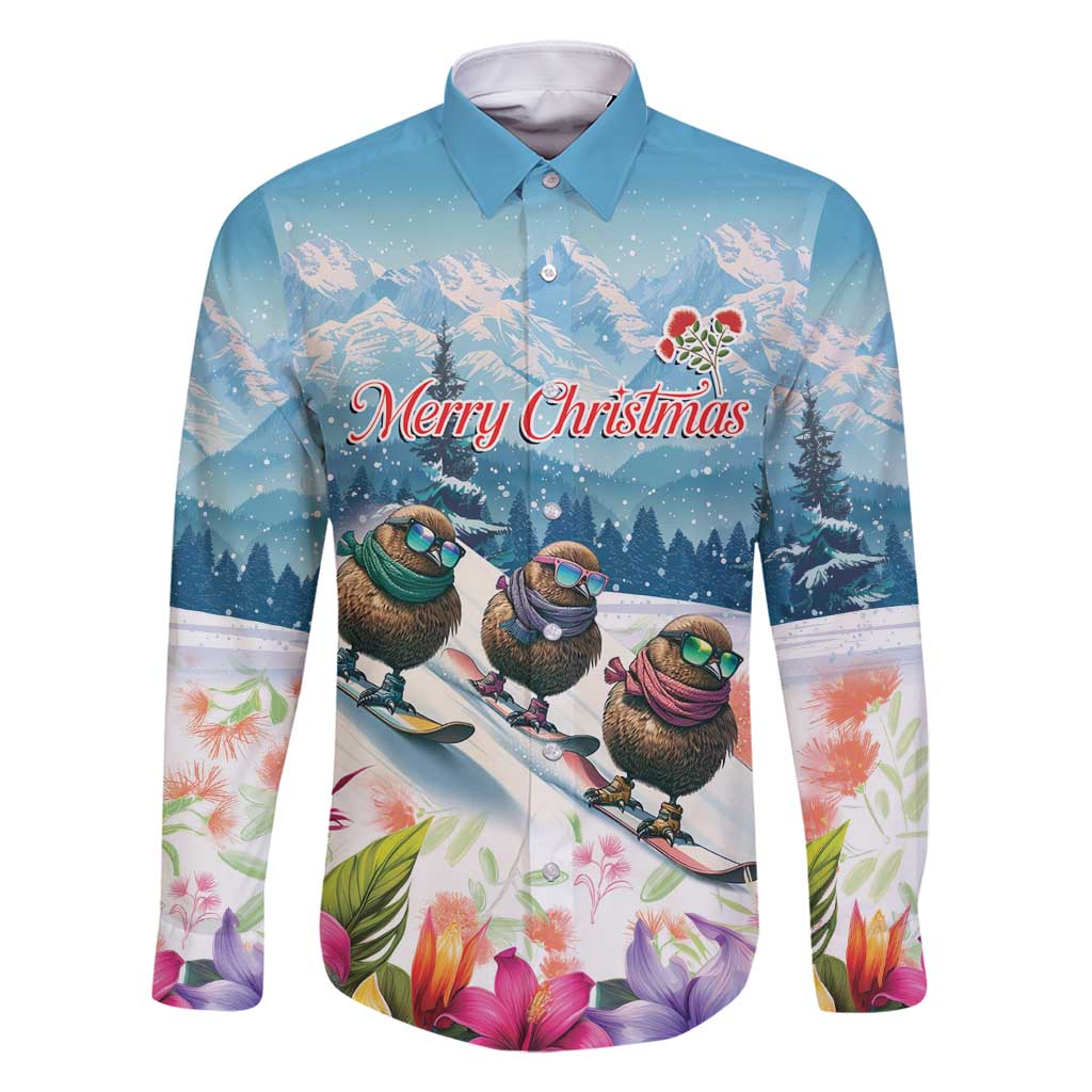 New Zealand Merry Christmas Family Matching Mermaid Dress and Hawaiian Shirt Kiwi Birds Snow Boarding-Vibrant Tropical Flower LT03 Dad's Shirt - Long Sleeve White - Polynesian Pride