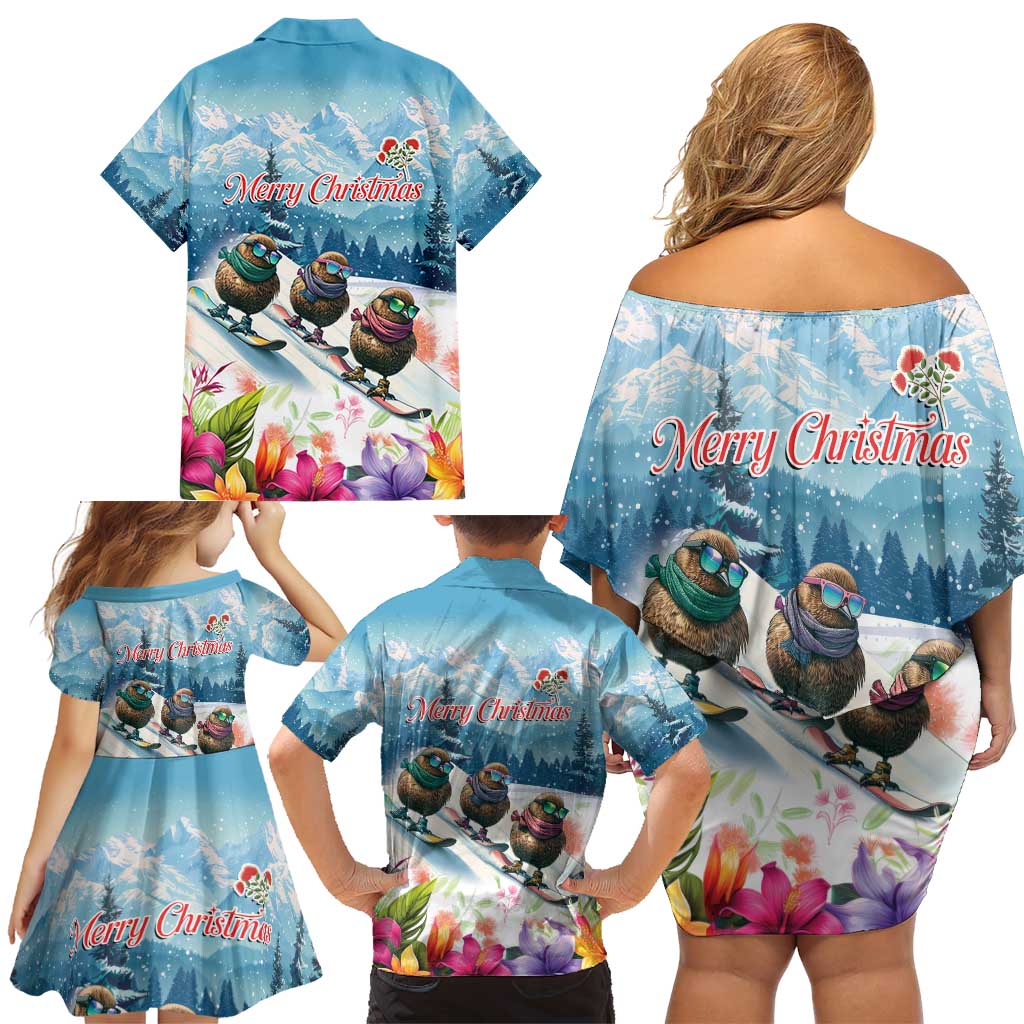 New Zealand Merry Christmas Family Matching Off Shoulder Short Dress and Hawaiian Shirt Kiwi Birds Snow Boarding-Vibrant Tropical Flower - Polynesian Pride