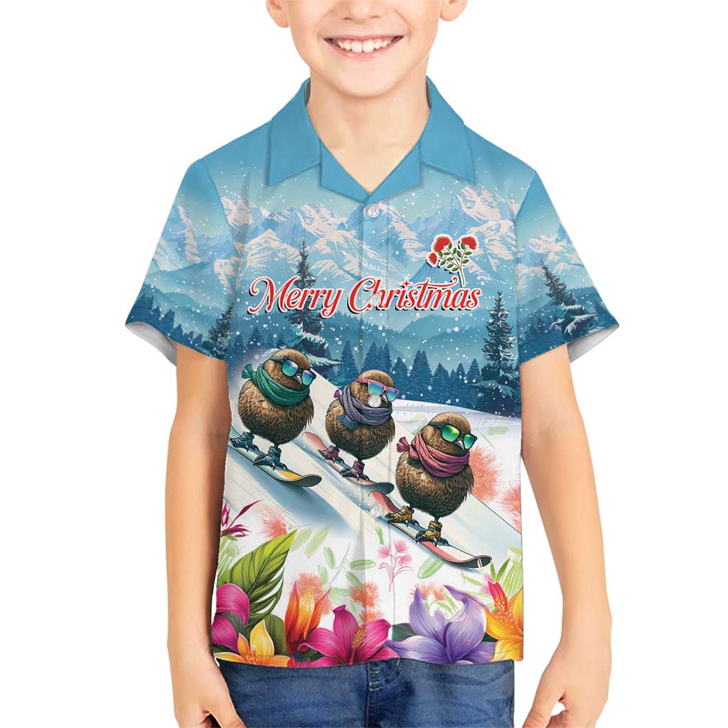 New Zealand Merry Christmas Family Matching Off Shoulder Short Dress and Hawaiian Shirt Kiwi Birds Snow Boarding-Vibrant Tropical Flower - Polynesian Pride