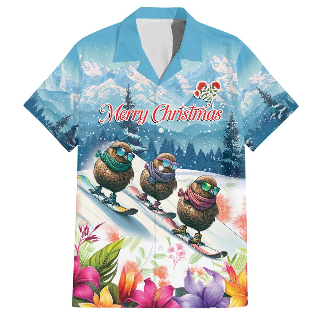 New Zealand Merry Christmas Family Matching Puletasi and Hawaiian Shirt Kiwi Birds Snow Boarding-Vibrant Tropical Flower LT03 Dad's Shirt - Short Sleeve White - Polynesian Pride