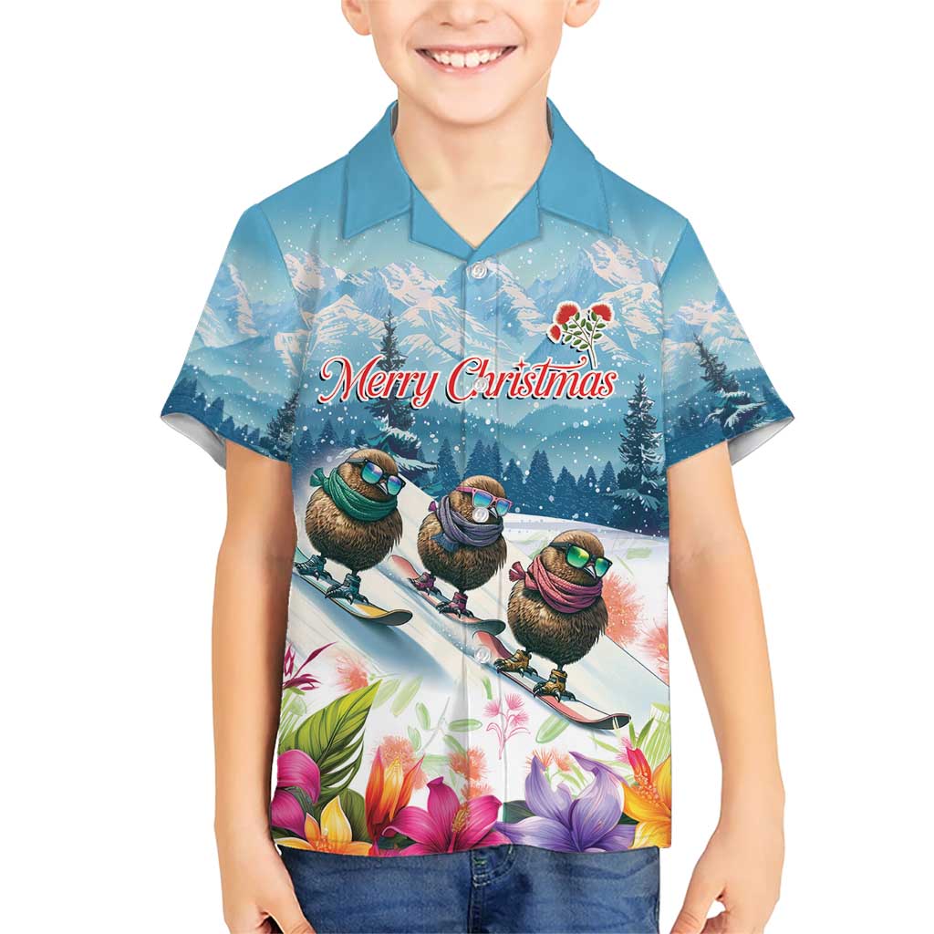 New Zealand Merry Christmas Family Matching Short Sleeve Bodycon Dress and Hawaiian Shirt Kiwi Birds Snow Boarding-Vibrant Tropical Flower LT03 Son's Shirt White - Polynesian Pride