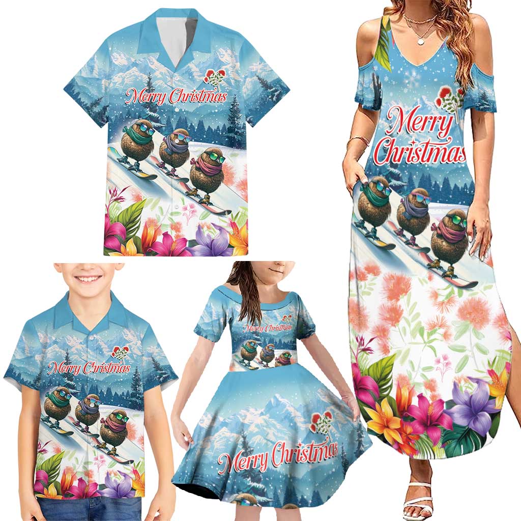 New Zealand Merry Christmas Family Matching Summer Maxi Dress and Hawaiian Shirt Kiwi Birds Snow Boarding-Vibrant Tropical Flower - Polynesian Pride