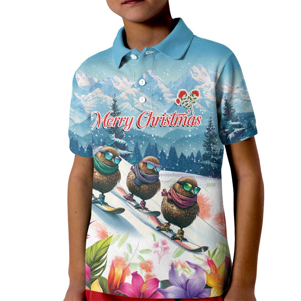 New Zealand Merry Christmas Kid Polo Shirt Kiwi Birds Snow Boarding-Vibrant Tropical Flower LT03 Kid White - Polynesian Pride