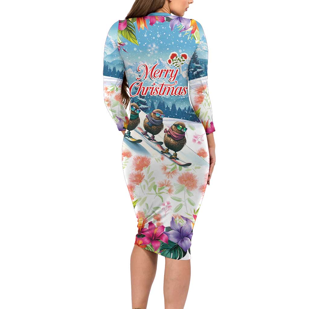 New Zealand Merry Christmas Long Sleeve Bodycon Dress Kiwi Birds Snow Boarding-Vibrant Tropical Flower LT03 - Polynesian Pride