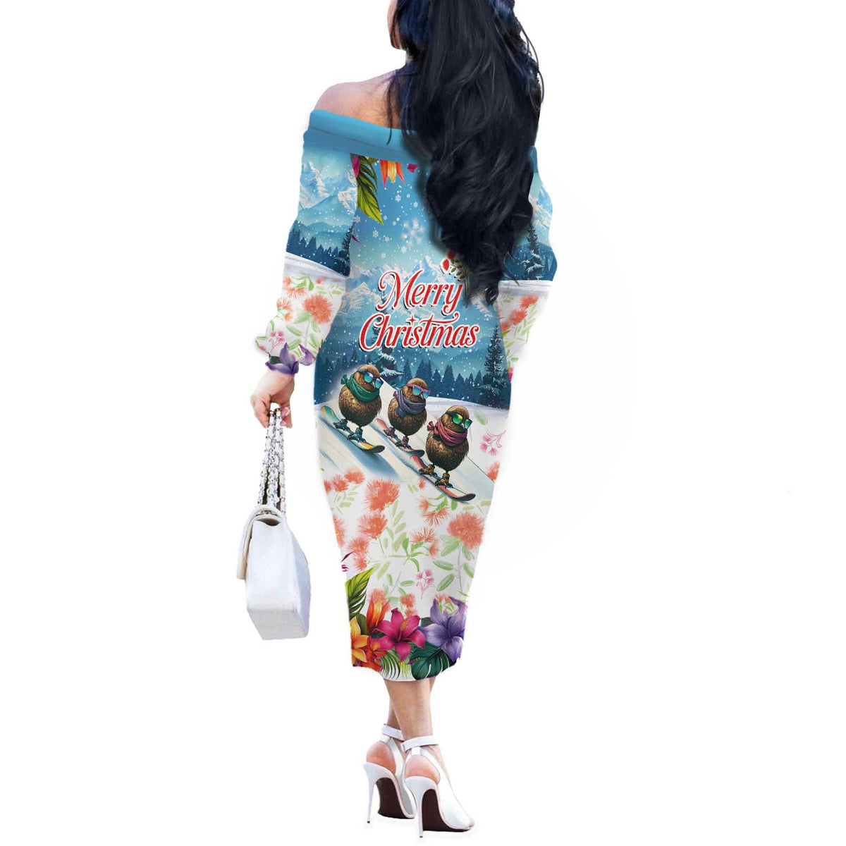 New Zealand Merry Christmas Off The Shoulder Long Sleeve Dress Kiwi Birds Snow Boarding-Vibrant Tropical Flower LT03 - Polynesian Pride