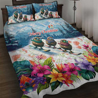 New Zealand Merry Christmas Quilt Bed Set Kiwi Birds Snow Boarding-Vibrant Tropical Flower LT03 White - Polynesian Pride