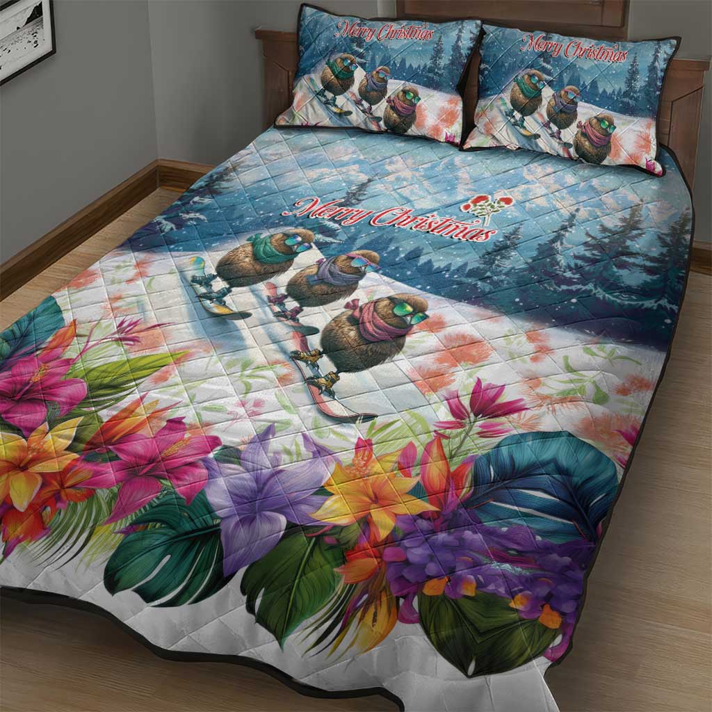 New Zealand Merry Christmas Quilt Bed Set Kiwi Birds Snow Boarding-Vibrant Tropical Flower LT03 - Polynesian Pride