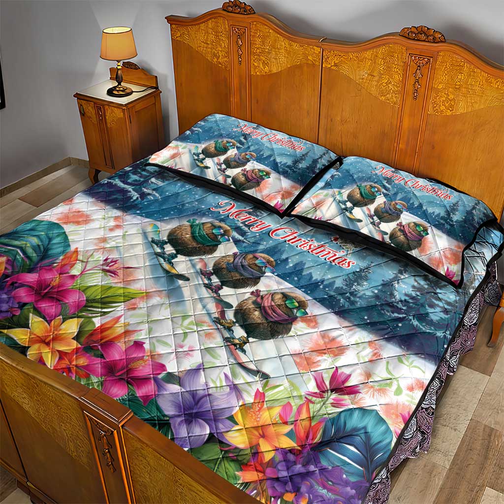 New Zealand Merry Christmas Quilt Bed Set Kiwi Birds Snow Boarding-Vibrant Tropical Flower LT03 - Polynesian Pride