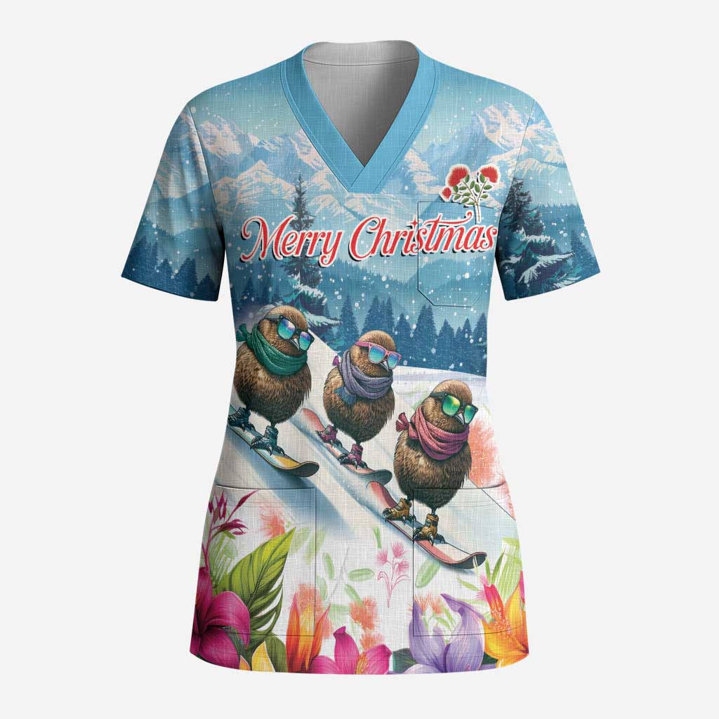 New Zealand Merry Christmas Scrub Top Kiwi Birds Snow Boarding-Vibrant Tropical Flower - Polynesian Pride