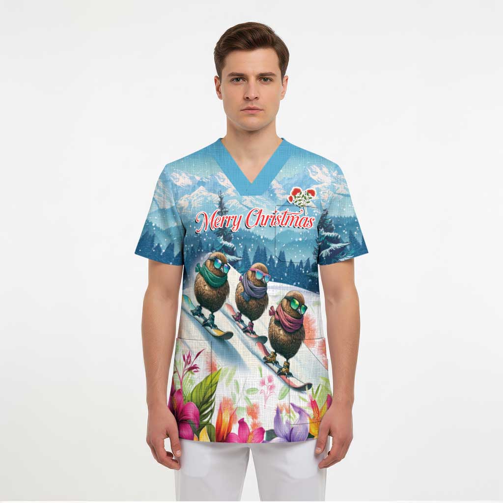 New Zealand Merry Christmas Scrub Top Kiwi Birds Snow Boarding-Vibrant Tropical Flower - Polynesian Pride