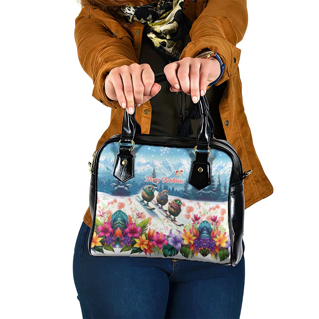 New Zealand Merry Christmas Shoulder Handbag Kiwi Birds Snow Boarding-Vibrant Tropical Flower LT03 One Size White - Polynesian Pride
