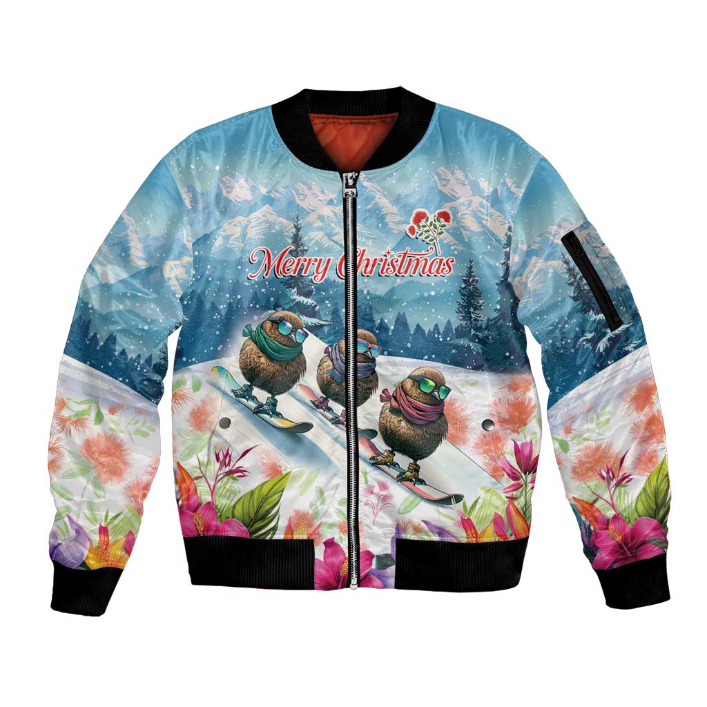 New Zealand Merry Christmas Sleeve Zip Bomber Jacket Kiwi Birds Snow Boarding-Vibrant Tropical Flower LT03 Unisex White - Polynesian Pride