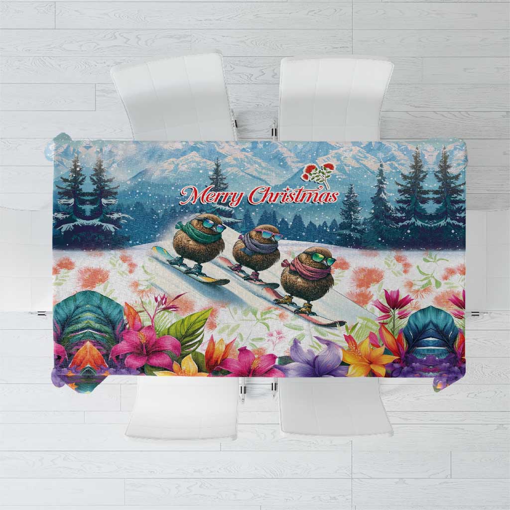 New Zealand Merry Christmas Tablecloth Kiwi Birds Snow Boarding-Vibrant Tropical Flower LT03 White - Polynesian Pride