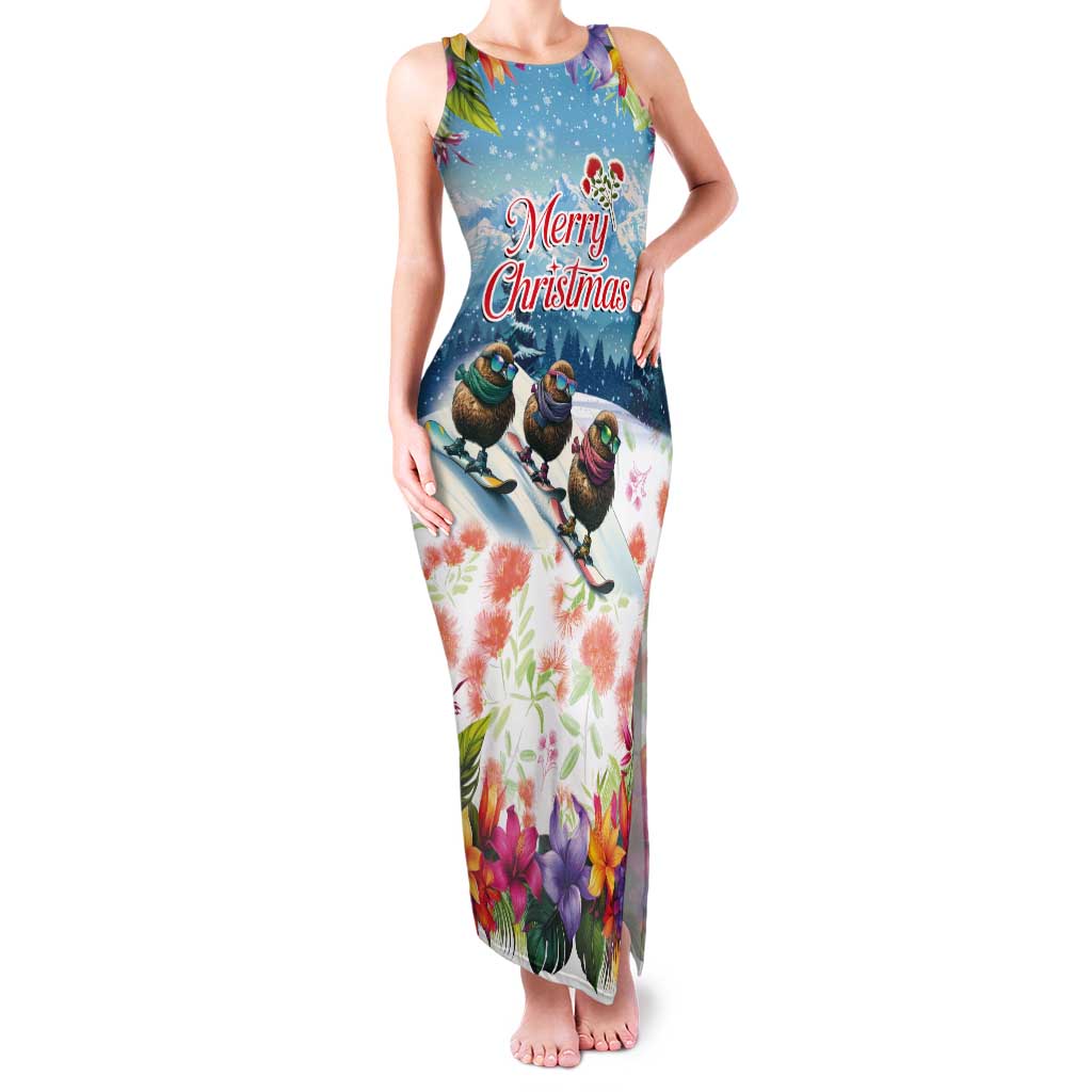 New Zealand Merry Christmas Tank Maxi Dress Kiwi Birds Snow Boarding-Vibrant Tropical Flower LT03 Women White - Polynesian Pride