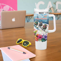 New Zealand Merry Christmas Tumbler With Handle Kiwi Birds Snow Boarding-Vibrant Tropical Flower - Polynesian Pride