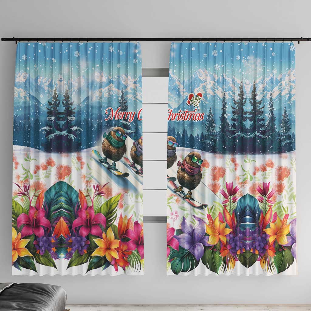 New Zealand Merry Christmas Window Curtain Kiwi Birds Snow Boarding-Vibrant Tropical Flower LT03 With Hooks White - Polynesian Pride
