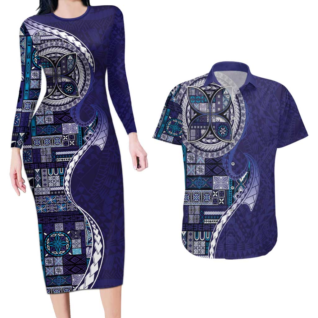 Samoan Siapo Art Tattoo Polynesian Pattern Couples Matching Long Sleeve Bodycon Dress and Hawaiian Shirt Navy Color - Polynesian Pride