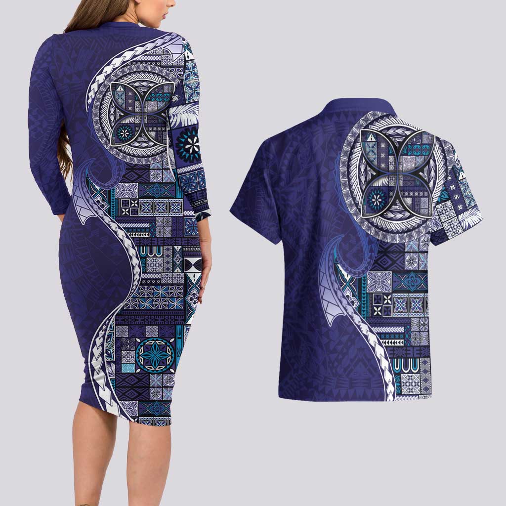 Samoan Siapo Art Tattoo Polynesian Pattern Couples Matching Long Sleeve Bodycon Dress and Hawaiian Shirt Navy Color - Polynesian Pride