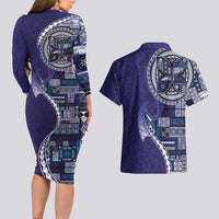 Samoan Siapo Art Tattoo Polynesian Pattern Couples Matching Long Sleeve Bodycon Dress and Hawaiian Shirt Navy Color - Polynesian Pride