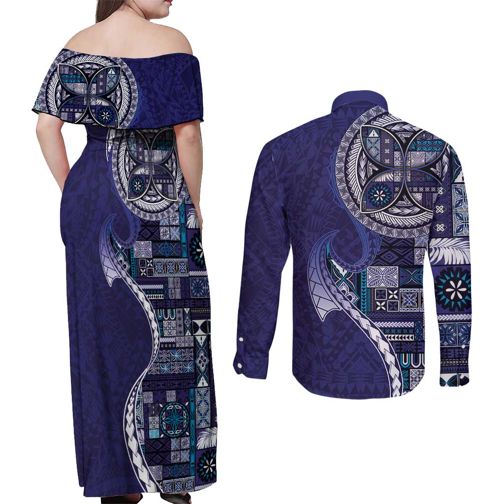 Samoan Siapo Art Tattoo Polynesian Pattern Couples Matching Off Shoulder Maxi Dress and Long Sleeve Button Shirt Navy Color - Polynesian Pride