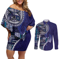 Samoan Siapo Art Tattoo Polynesian Pattern Couples Matching Off Shoulder Short Dress and Long Sleeve Button Shirt Navy Color - Polynesian Pride