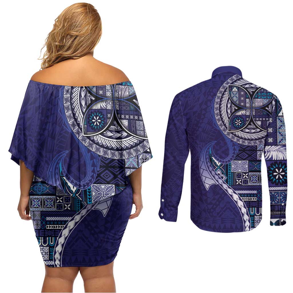 Samoan Siapo Art Tattoo Polynesian Pattern Couples Matching Off Shoulder Short Dress and Long Sleeve Button Shirt Navy Color - Polynesian Pride