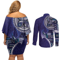 Samoan Siapo Art Tattoo Polynesian Pattern Couples Matching Off Shoulder Short Dress and Long Sleeve Button Shirt Navy Color - Polynesian Pride